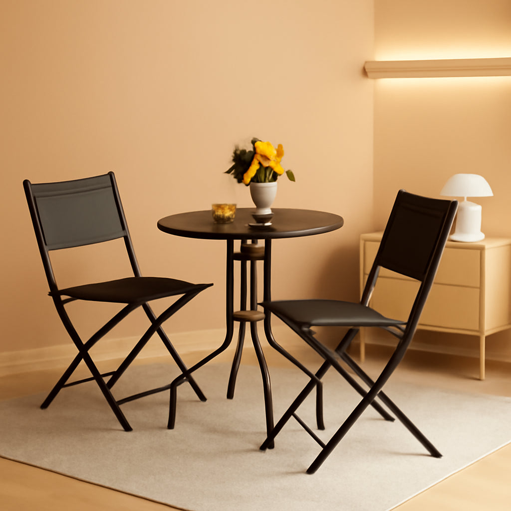 Three Piece Folding Bistro Table And Chairs Set For Indoor And Outdoor With Tempered Glass Tabletop