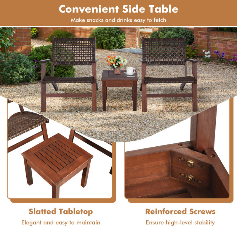 Three Piece Outdoor Wooden Patio Rattan Furniture Set With Natural Wood Finish And Weather Resistant Frame