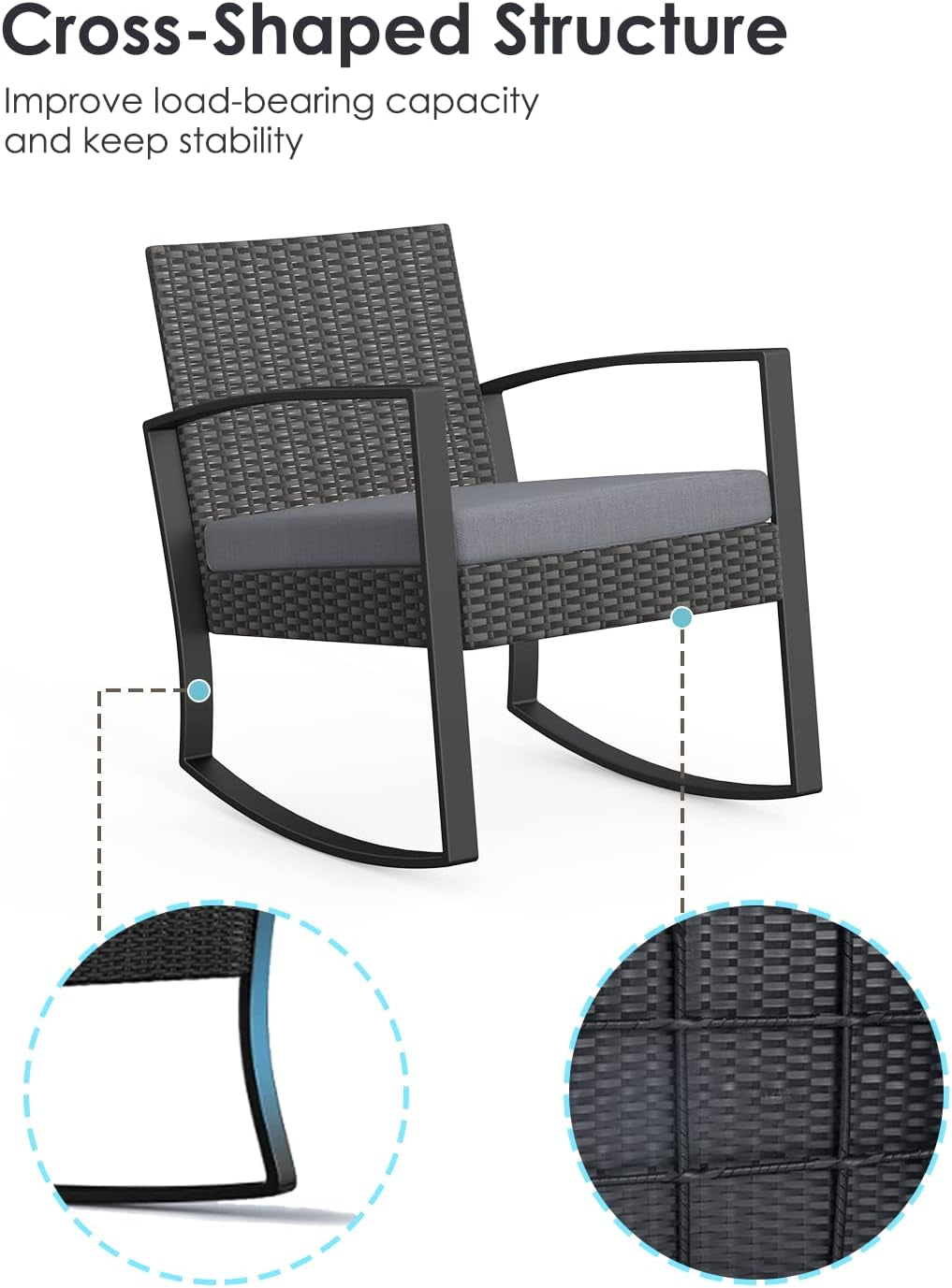 Three Piece Wicker Patio Furniture Set With Table And Cushions Outdoor Rocking Chairs Gray