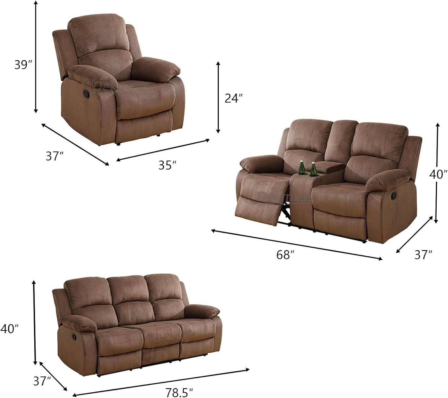 Three Seater Corduroy Reclining Sofa With Cup Holders And Drop Down Table For Living Room In Chocolate