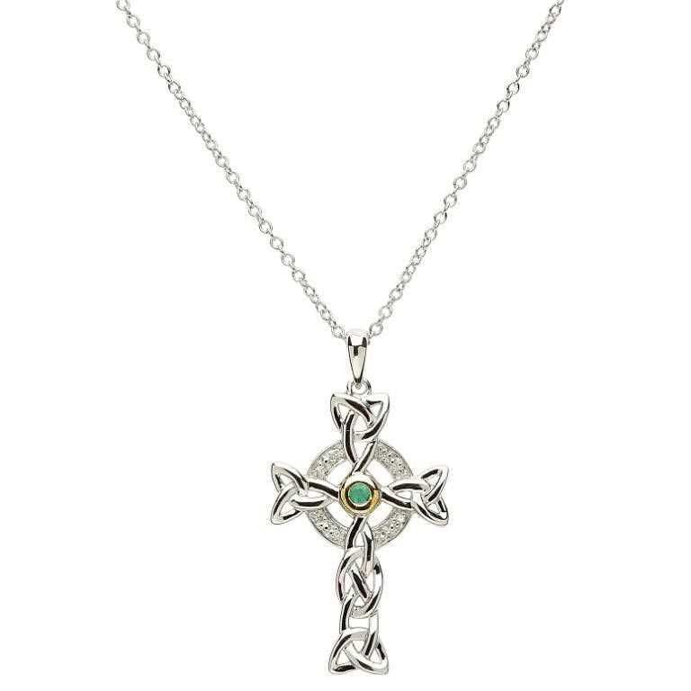 Trinity Knot Diamond And Emerald Silver Celtic Cross Necklace