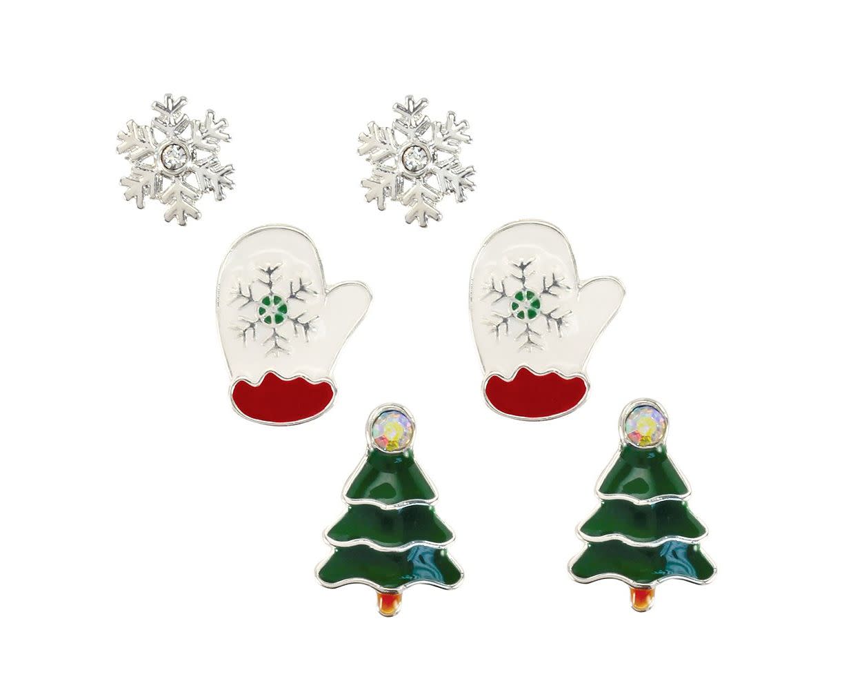 Trio Set of Holiday Earrings: Snowflakes, Mittens, and Christmas Trees