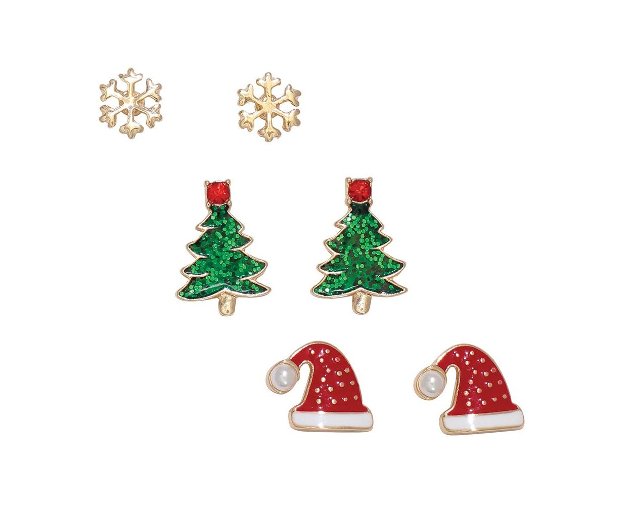 Trio of Holiday Earrings: Snowflakes, Glittery Trees, and Santa Hats