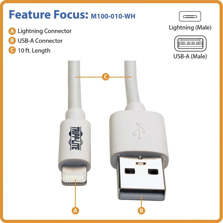 Tripp Lite M100-010-Wh Usb-A To Lightning Sync/Charge Cable, Mfi Certified - White, M/M, Usb 2.0, 10 Ft. (3.05 M)