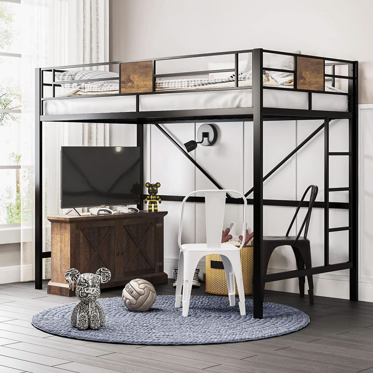 Twin Loft Bed With Ladder And Guard Rail In Rustic Style