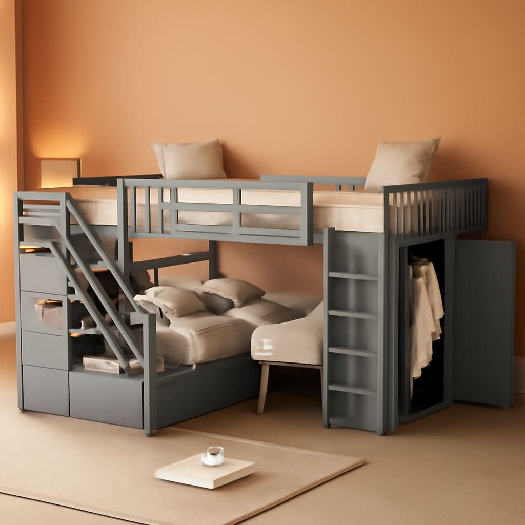Twin Over Full L Shaped Bunk Bed Desk And Wardrobe Grey