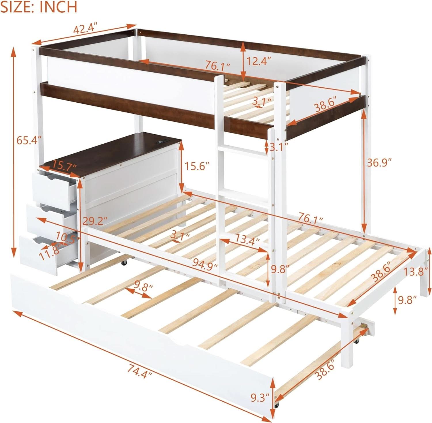 Twin Over Twin Bunk Bed With Desk USB Ports White Walnut