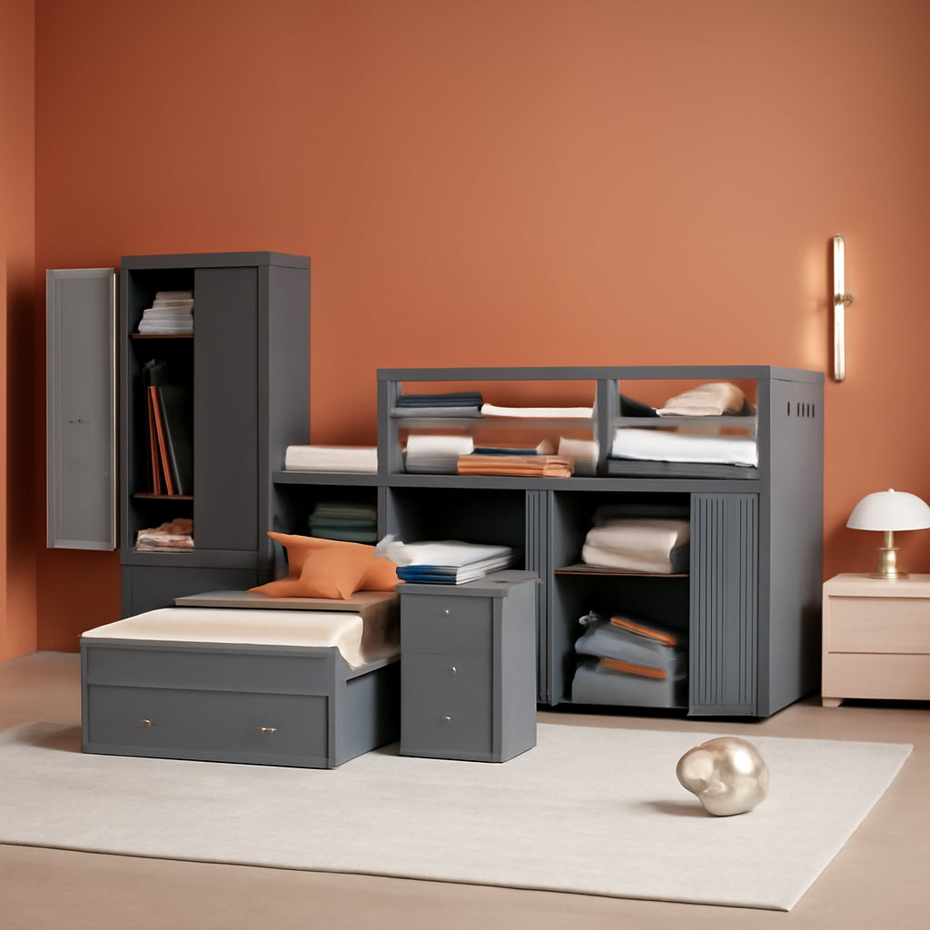 Twin Over Twin Bunk Bed With Wardrobe And Desk In Gray