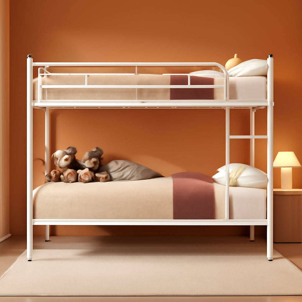 Twin Over Twin Metal Bunk Bed With Shelf and Rails White