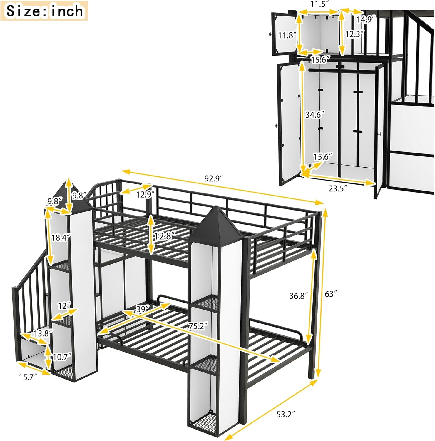 Twin Over Twin Metal Bunk Bed With Stairs And Storage Wardrobe Black And White