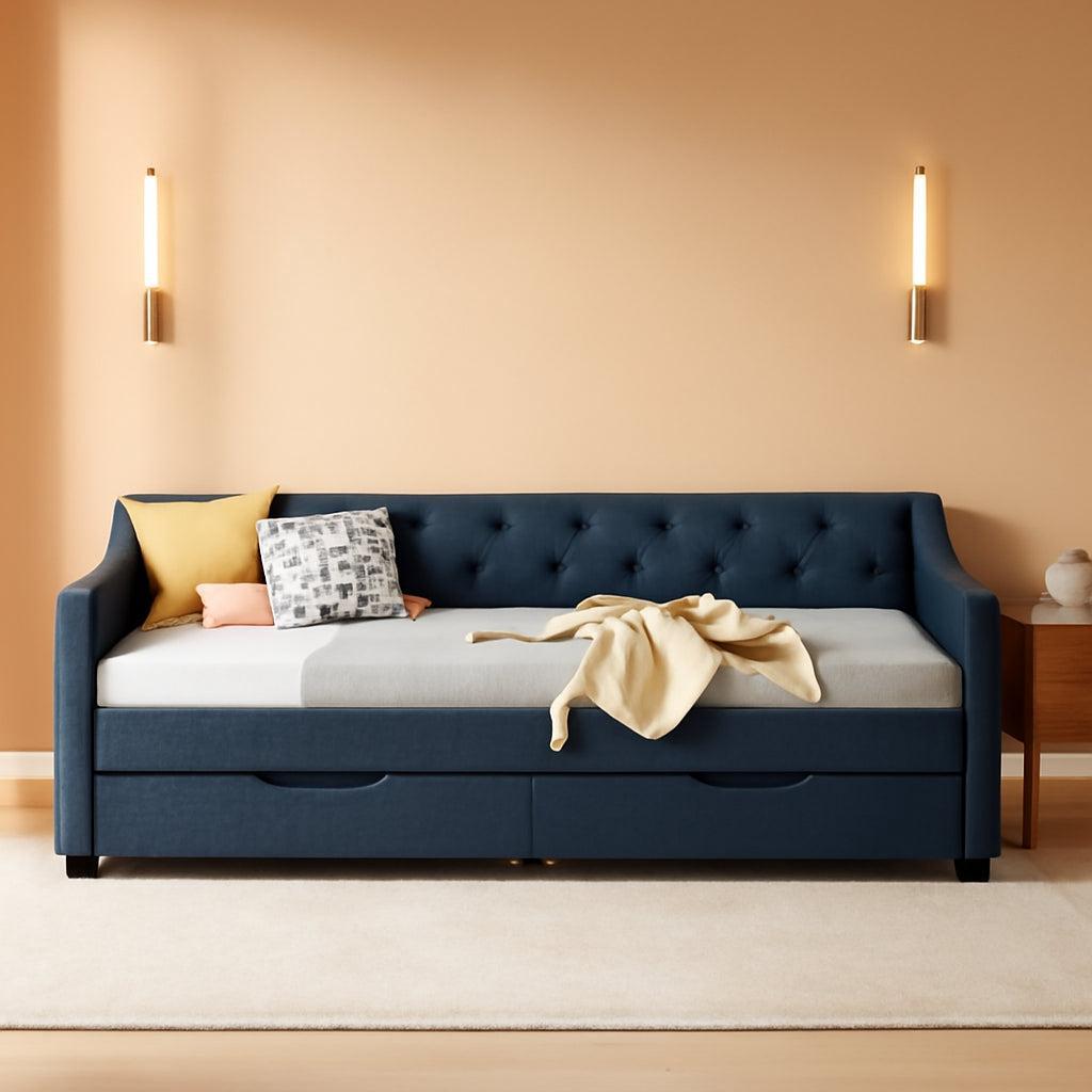 Twin Size Daybed In Dark Grey Linen With Two Drawers