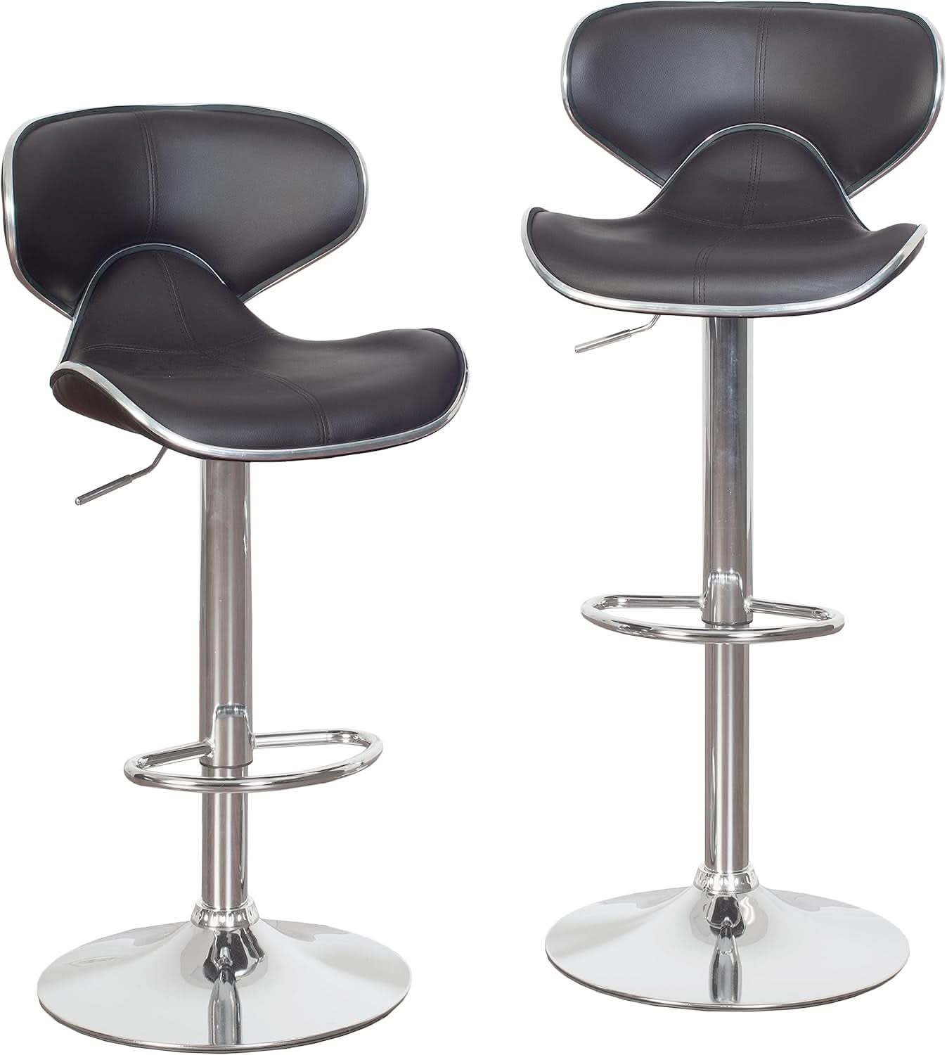 Two Brown Airlift Swivel Barstools With Chrome Base Adjustable Height 360 Degree Rotation