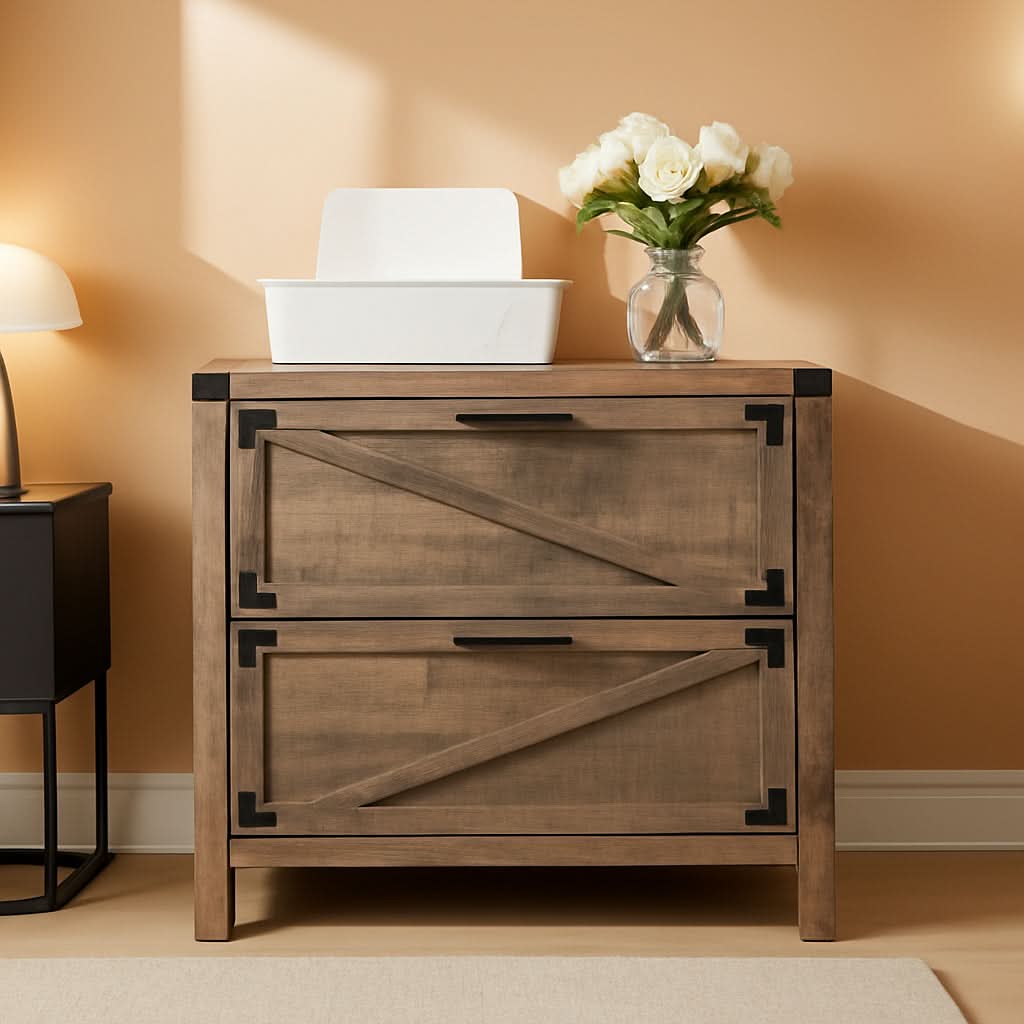 Two Drawer Farmhouse Filing Cabinet For Home Office Durable Engineered Wood Storage
