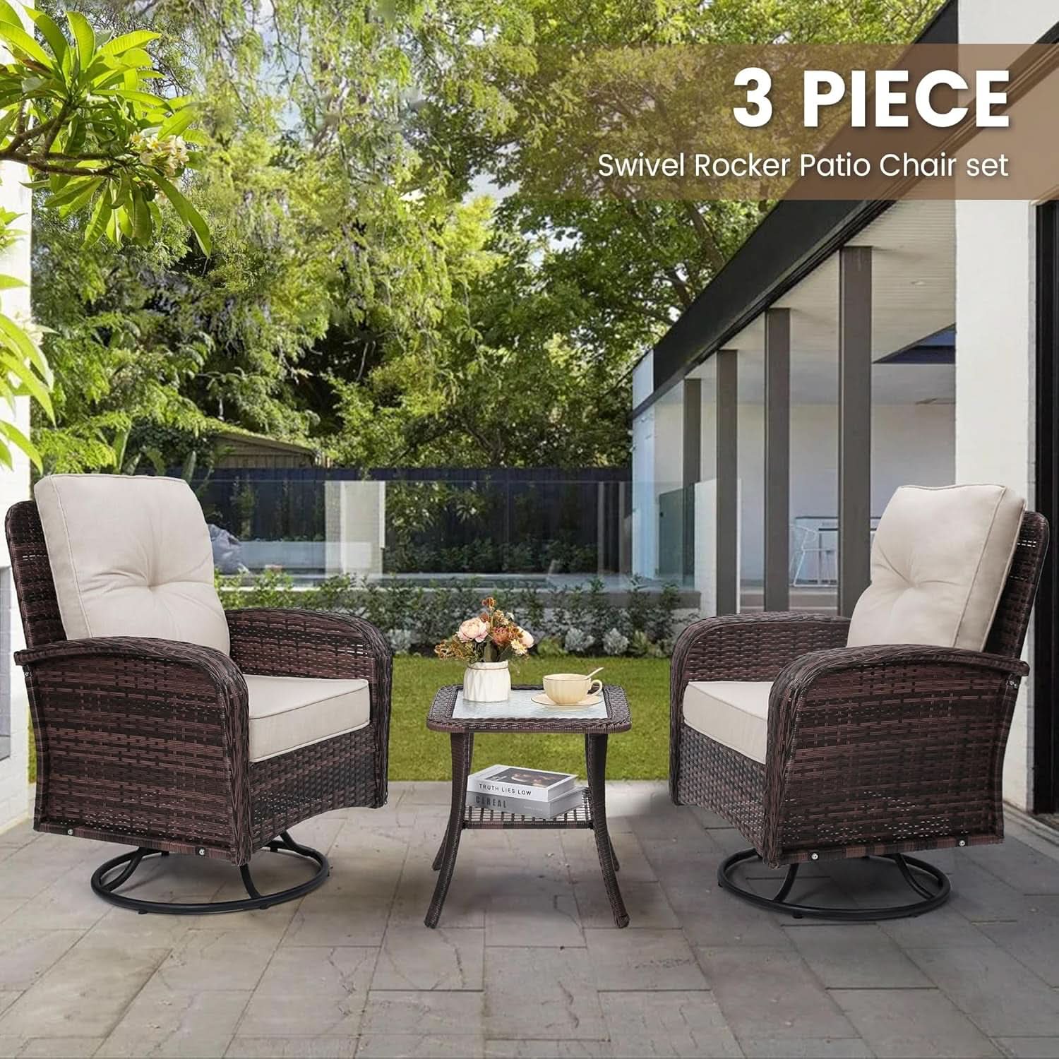 Two Outdoor Swivel Wicker Glider Patio Chairs With Table Set Brown Rattan And Beige Cushions