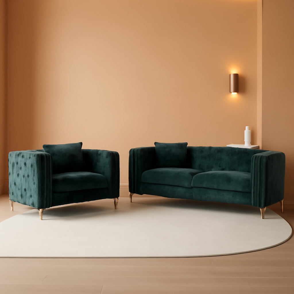Two Piece Chenille Sofa And Loveseat Set With Button Tufting Green Mid Century Modern