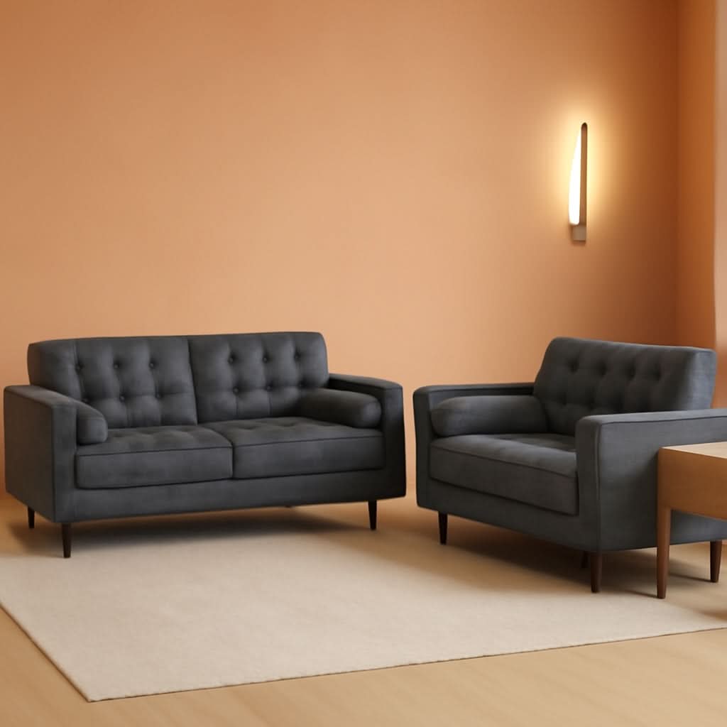 Two Piece Faux Leather Sofa Set With Tufted 3 Seat Sofa And Loveseat In Grey Bolster Pillows Included