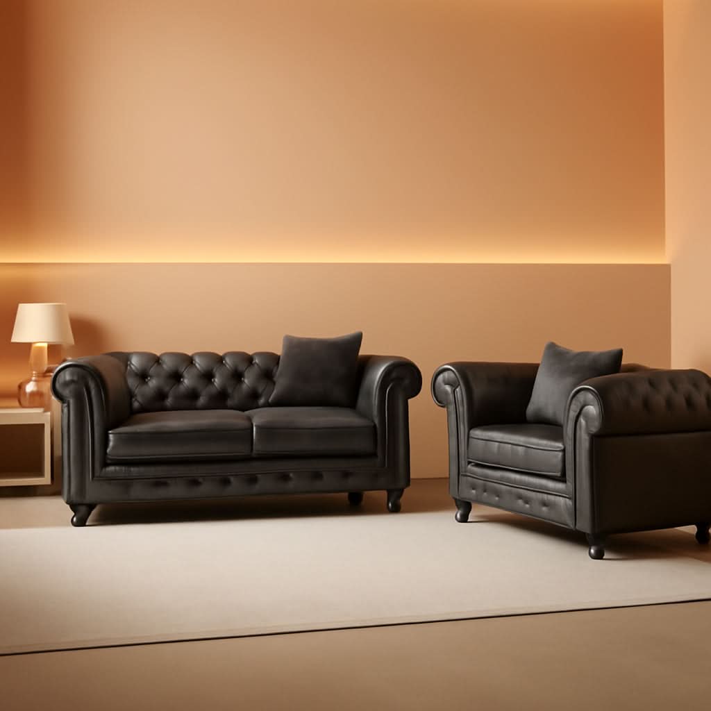 Two Piece Living Room Sofa Set Button Tufted Couch And Loveseat In Grey With Nailhead Trim