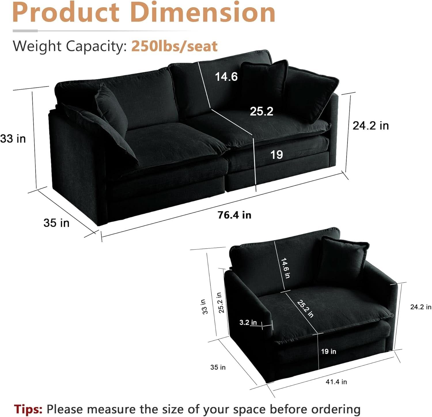 Two Piece Loveseat And Armchair Set For Living Room In Black Chenille