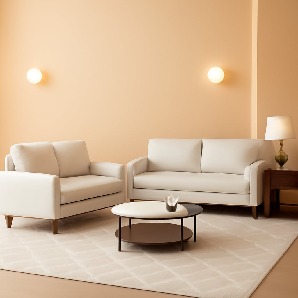 Two Piece Mid Century Square Arm Leather Sofa Living Room Set White 70 Inch Sofa And 58 Inch Loveseat