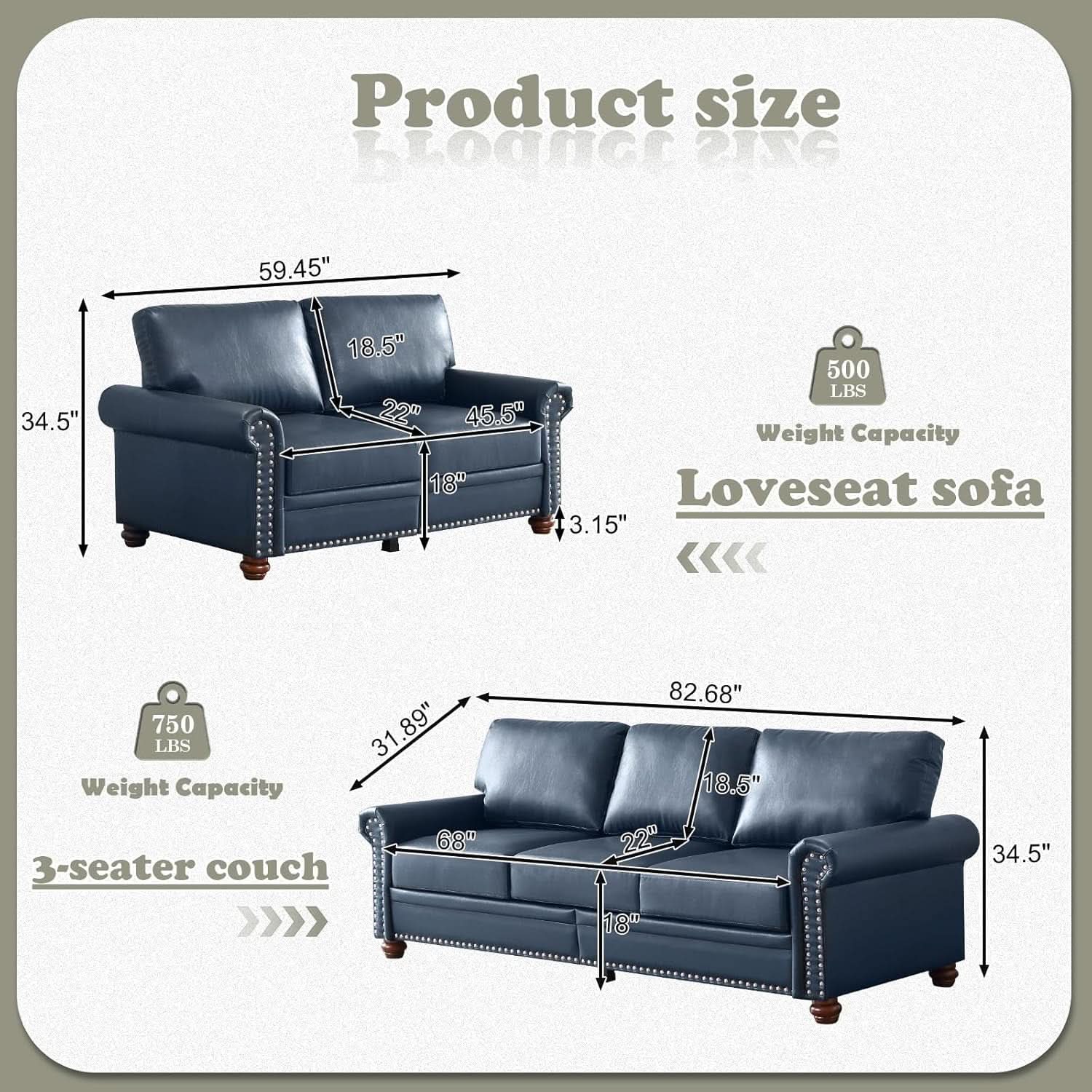 Two Piece Upholstered PU Leather Sofa Set Navy Blue With Storage Mid Century Modern Living Room