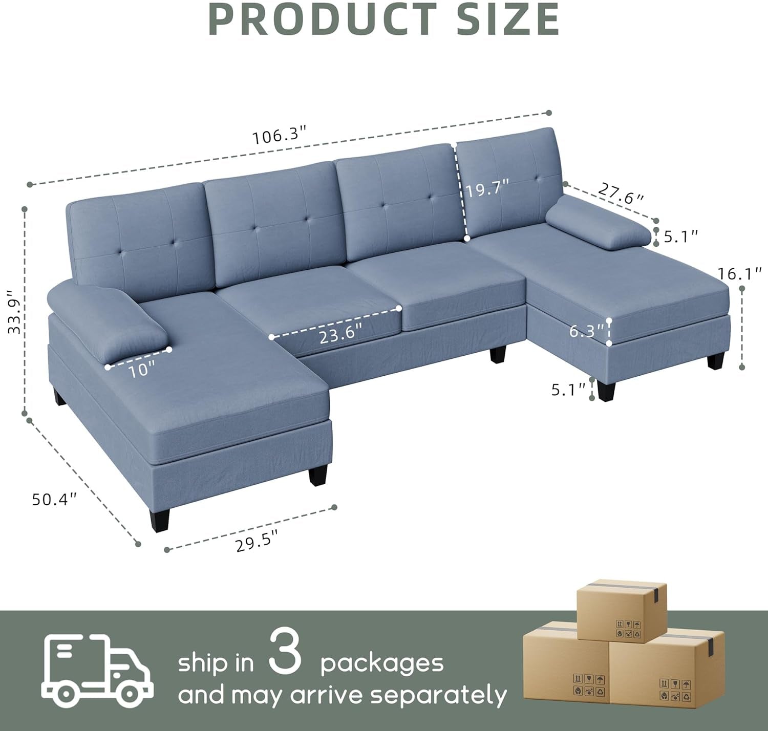 U Shaped Sectional Sofa Blue With High Density Cushions