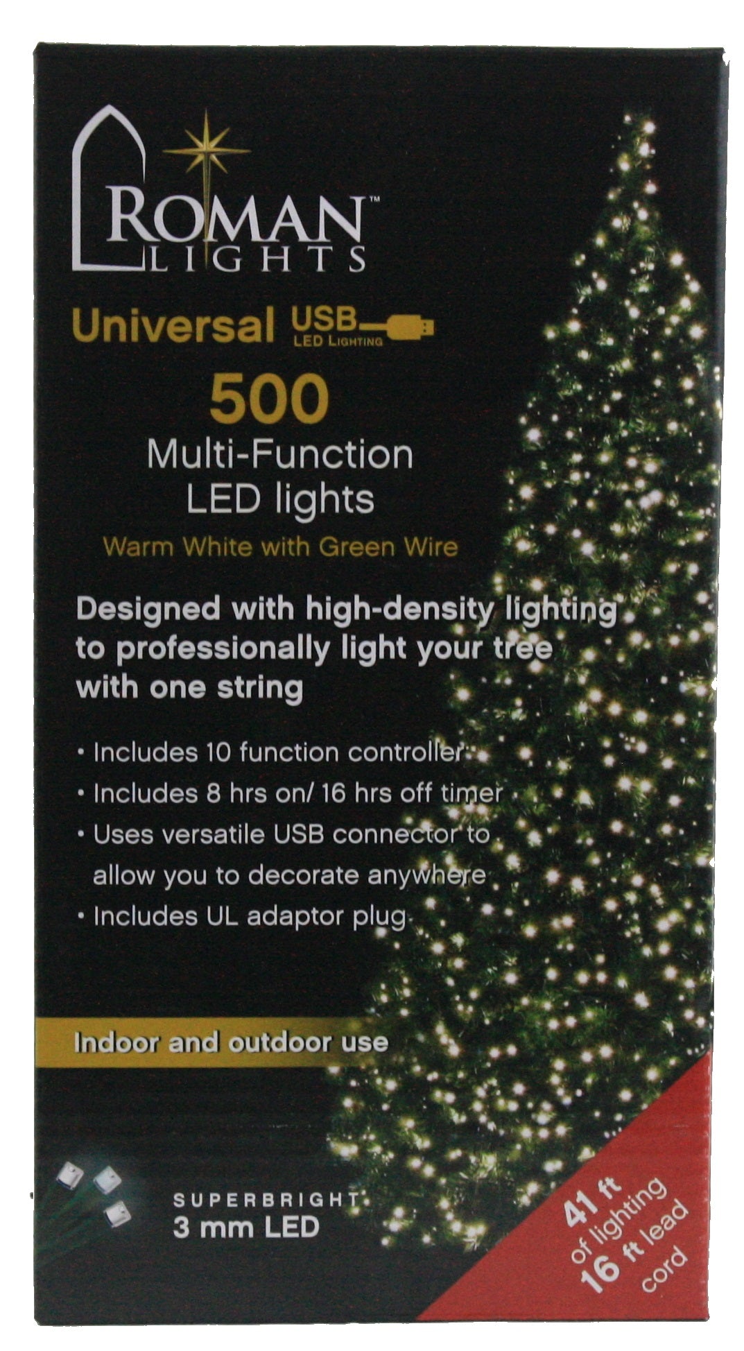 USB powered 500 Superbright LED (41 foot) Green Wire Multifunction Lights with Timer - Warm White