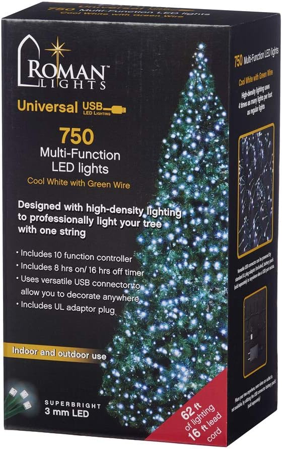 USB powered 750 Superbright LED (63 foot) Green Wire Multifunction Lights with Timer - Cool White