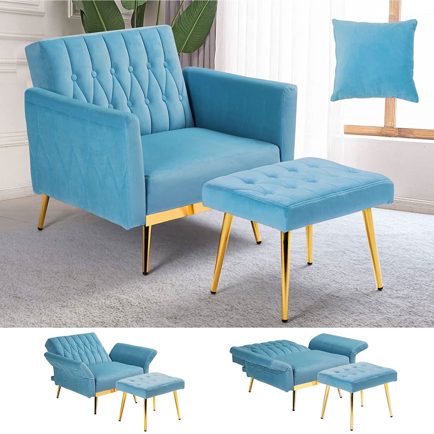 Velvet Adjustable Armchair With Ottoman In Baby Blue