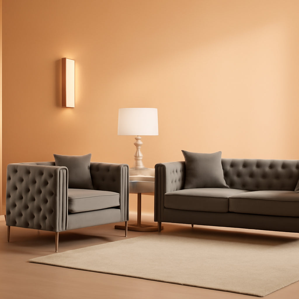 Velvet Fabric Sofa And Loveseat Set Gray For Living Room