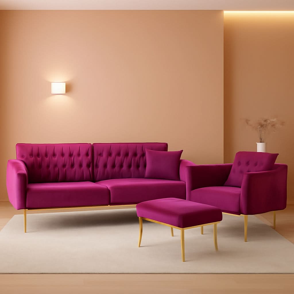 Velvet Futon Sofa Set Adjustable Backrests And Armrests 70 Inch Convertible Sofa Bed And Tufted Accent Chair Fuchsia