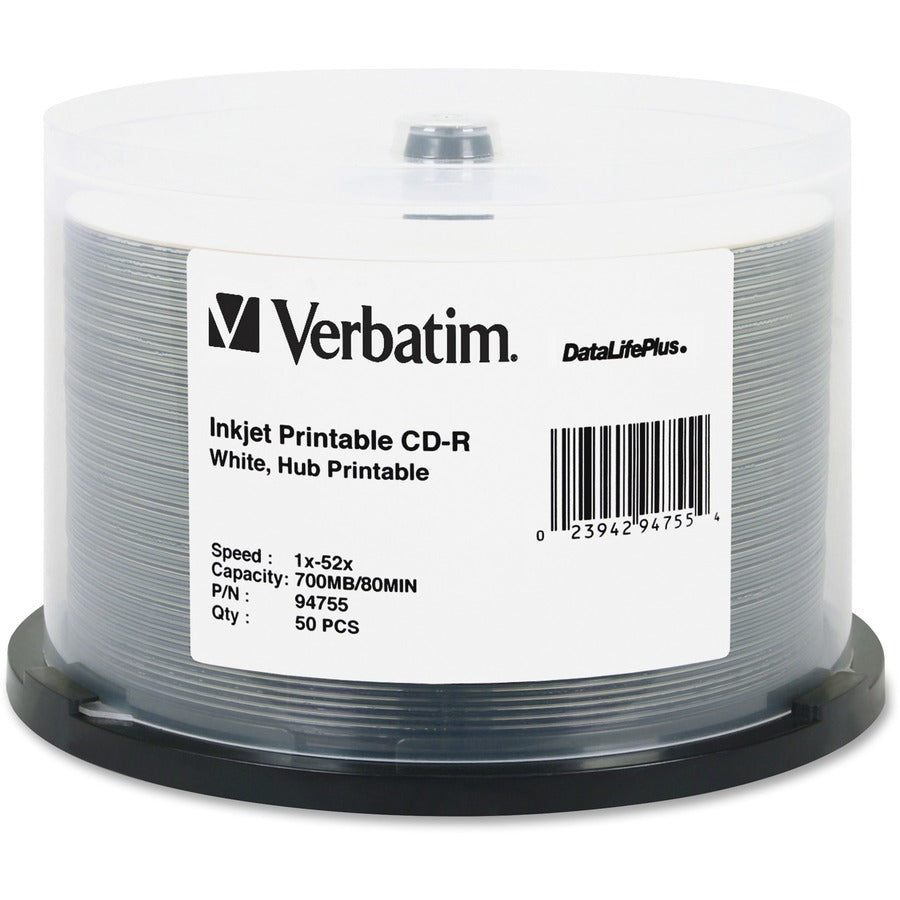 Verbatim Cd-R 700Mb 52X Datalifeplus White Inkjet Printable, Hub Printable - 50Pk Spindle
