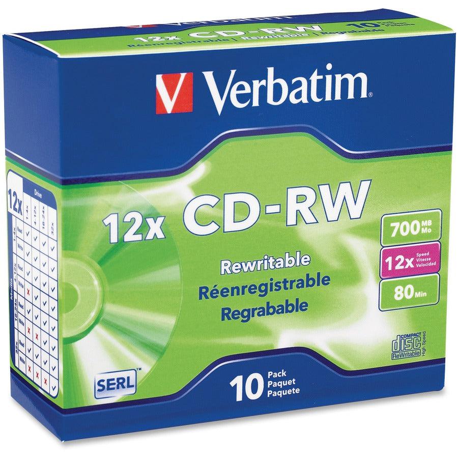 Verbatim Cd-Rw 700Mb 4X-12X High Speed With Branded Surface - 10Pk Slim Case