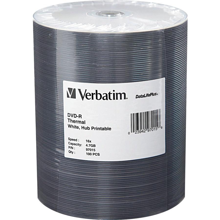 Verbatim Dvd-R 4.7Gb 16X Datalifeplus White Thermal Printable, Hub Printable - 100Pk Tape Wrap