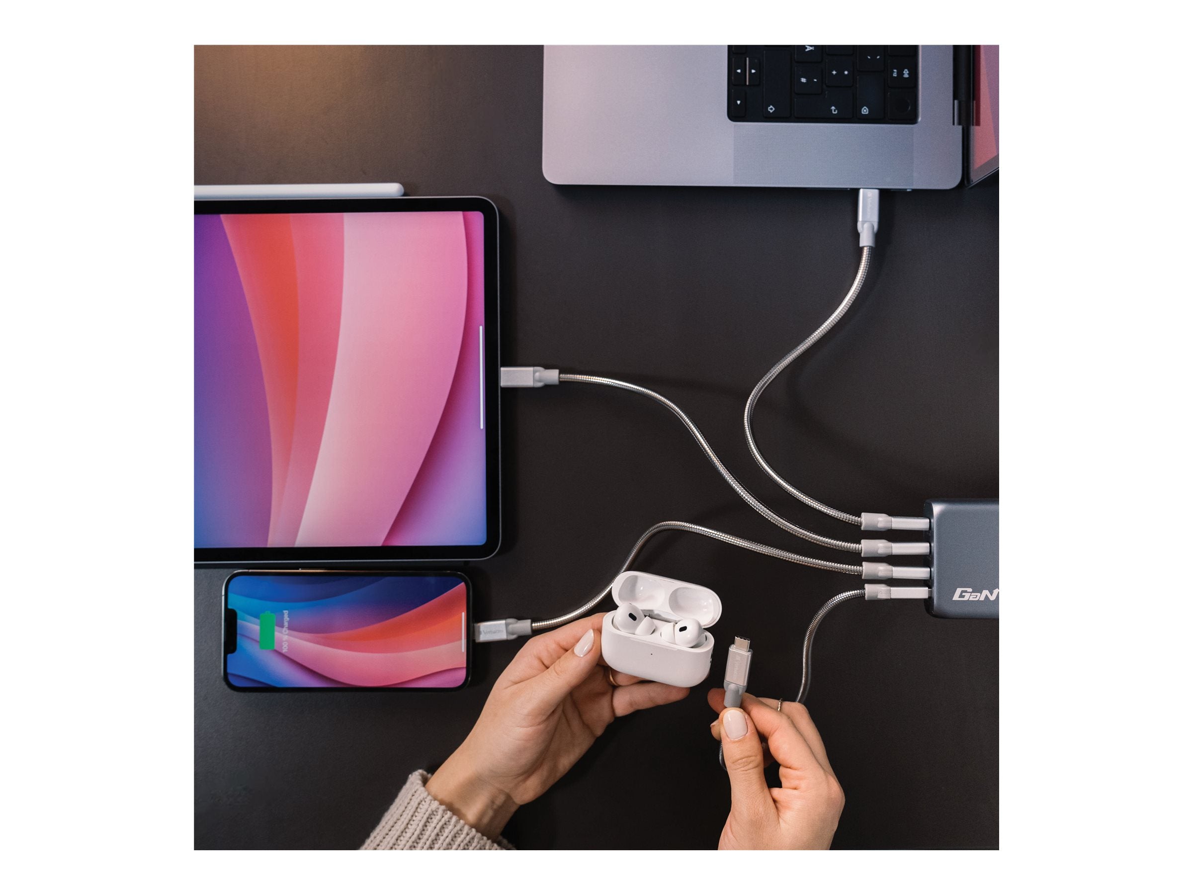 Verbatim - Power adapter - GaN - 100 Watt - 5 A - PD 3.0, PD/PPS, QC 3.0 - 4 output connectors (3 x USB-C, USB)