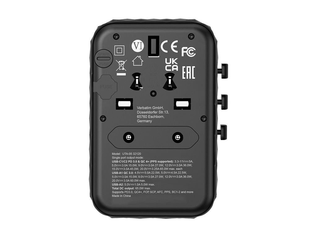 Verbatim UTA-05 - Power adapter - GaN III, universal - 65 Watt - 5 A - PD 3.0, QC 4+, QC 3.0, Fast Charge, Super Charge,