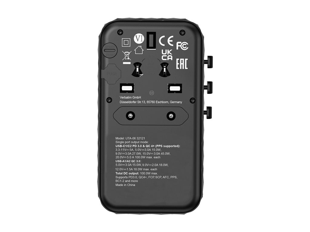 Verbatim UTA-06 - Power adapter - GaN III, universal - 100 Watt - 5 A - PD 3.0, QC 4+, QC 3.0, Fast Charge, Super