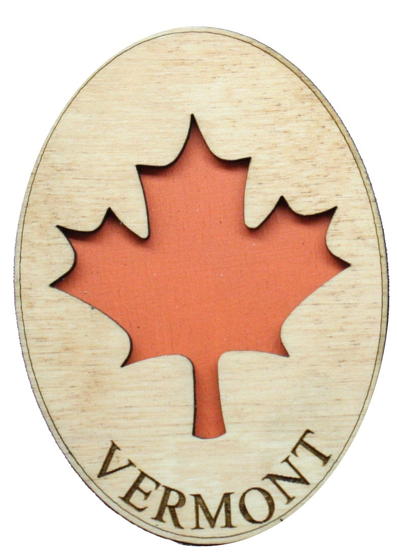 Vermont Oval Autumn Red Leaf Wooden Magnet