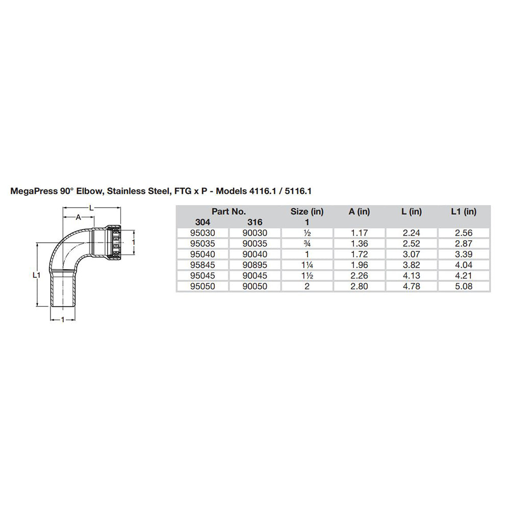 Viega MegaPress 3/4" 90° Stainless Steel 304 Elbow Street - Press Connection - Smart