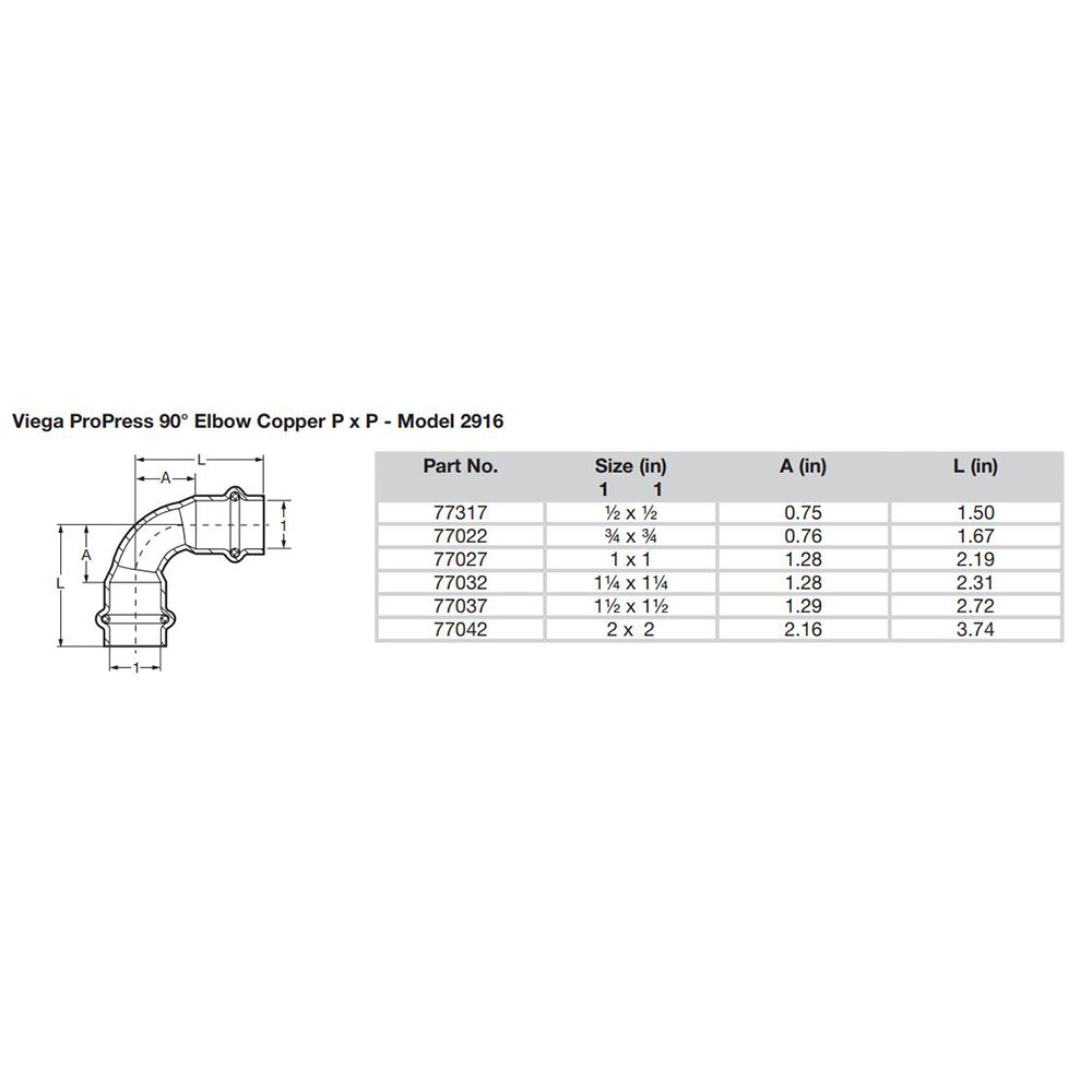 Viega ProPress 1/2" - 90° Copper Elbow - Double Press Connection - Smart Connect