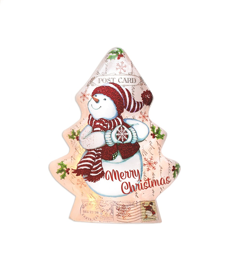 Vintage Postcard Lit Glass Tree - 8.8 Inch - Snowman