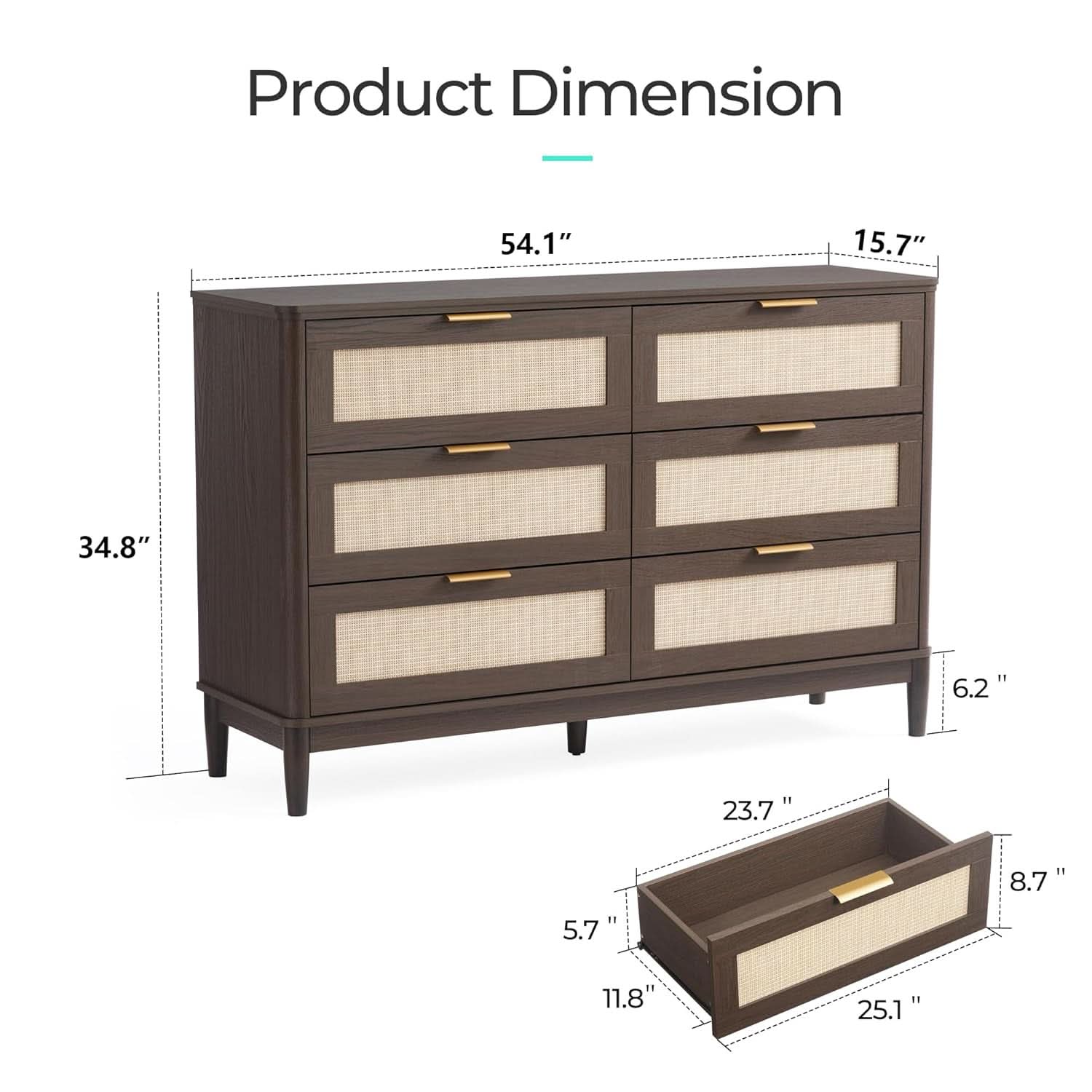Walnut 47 Inch Dresser With Six Deep Drawers Solid Wood