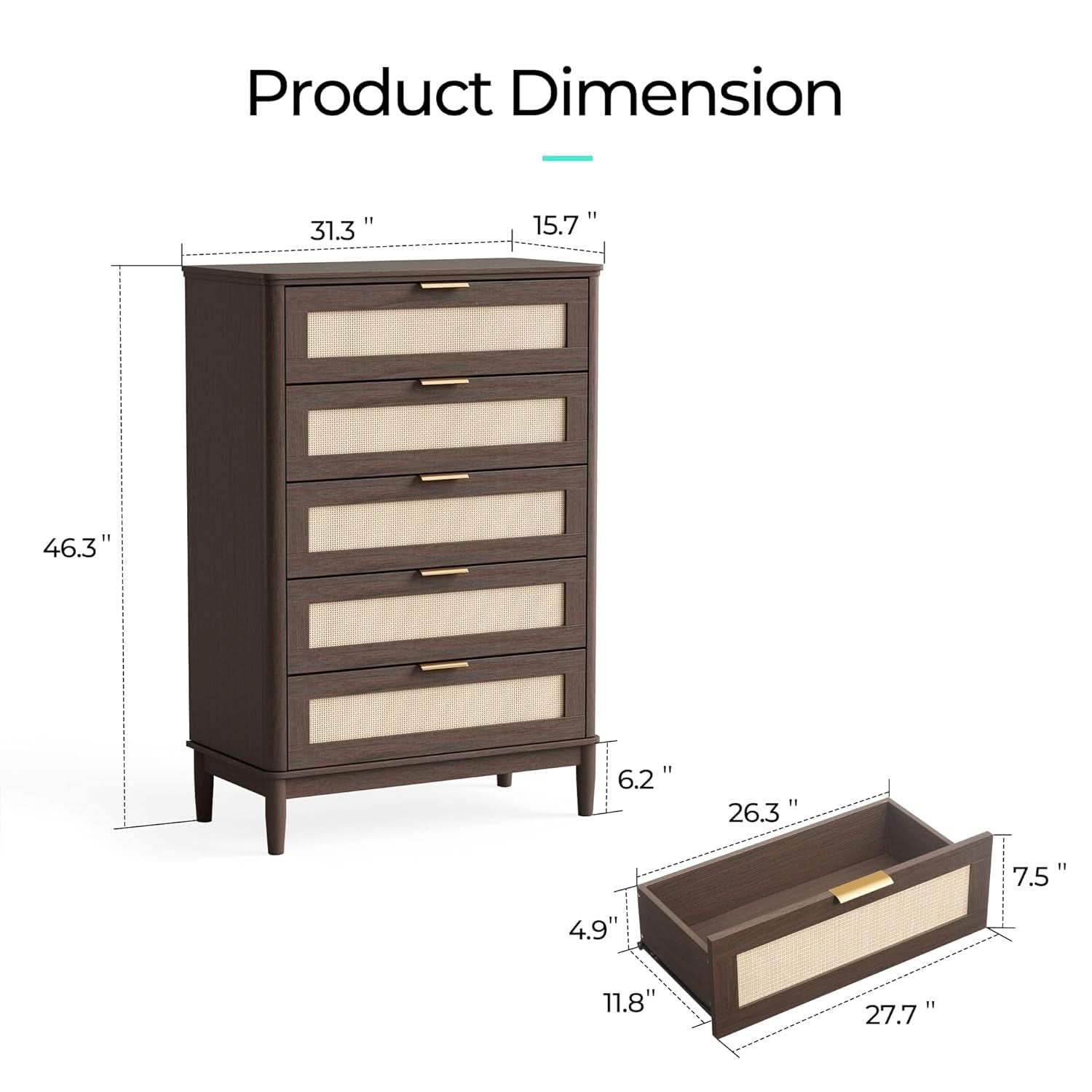 Walnut Dresser 46 Inch Five Drawer Modern Storage Unit