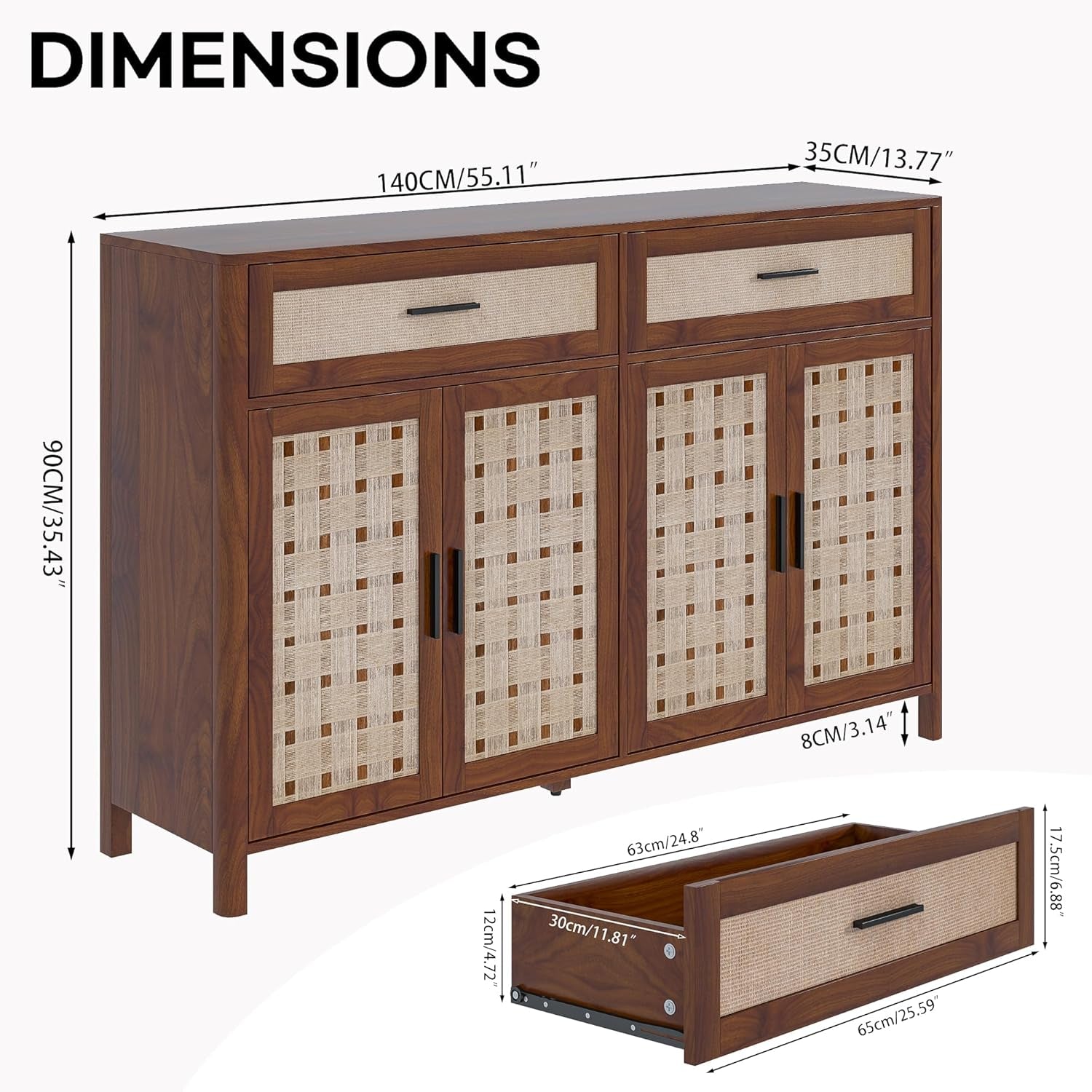 Walnut Farmhouse Sideboard Buffet 55 Inch Storage Cabinet