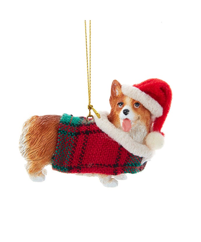 Welsh Corgi With Plaid Coat and Santa Hat Ornament