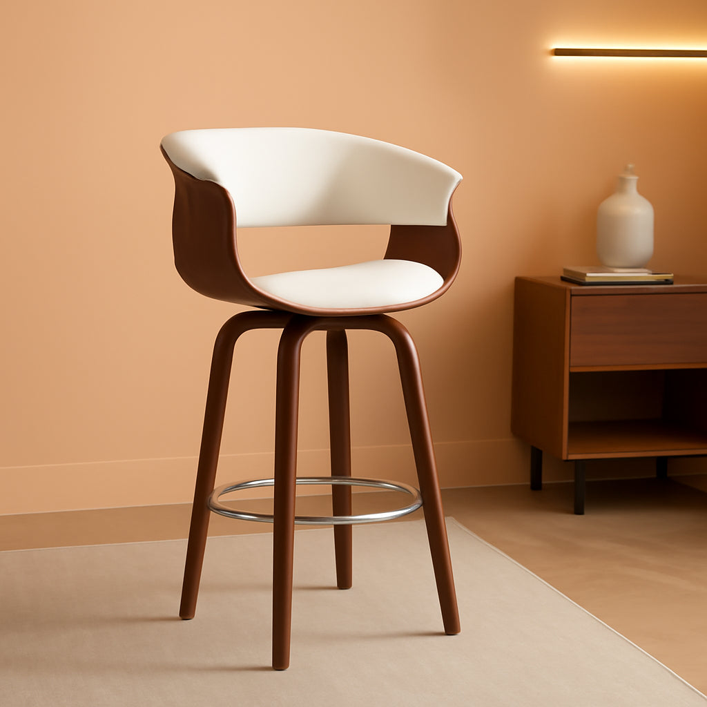 White 29 Inch Swivel Bar Stool With PU Leather Backed Seat