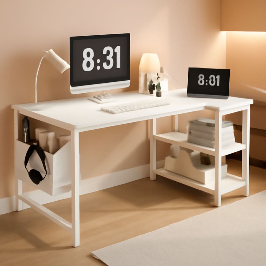 White 40 Inch L Shaped Computer Desk With Power Outlets