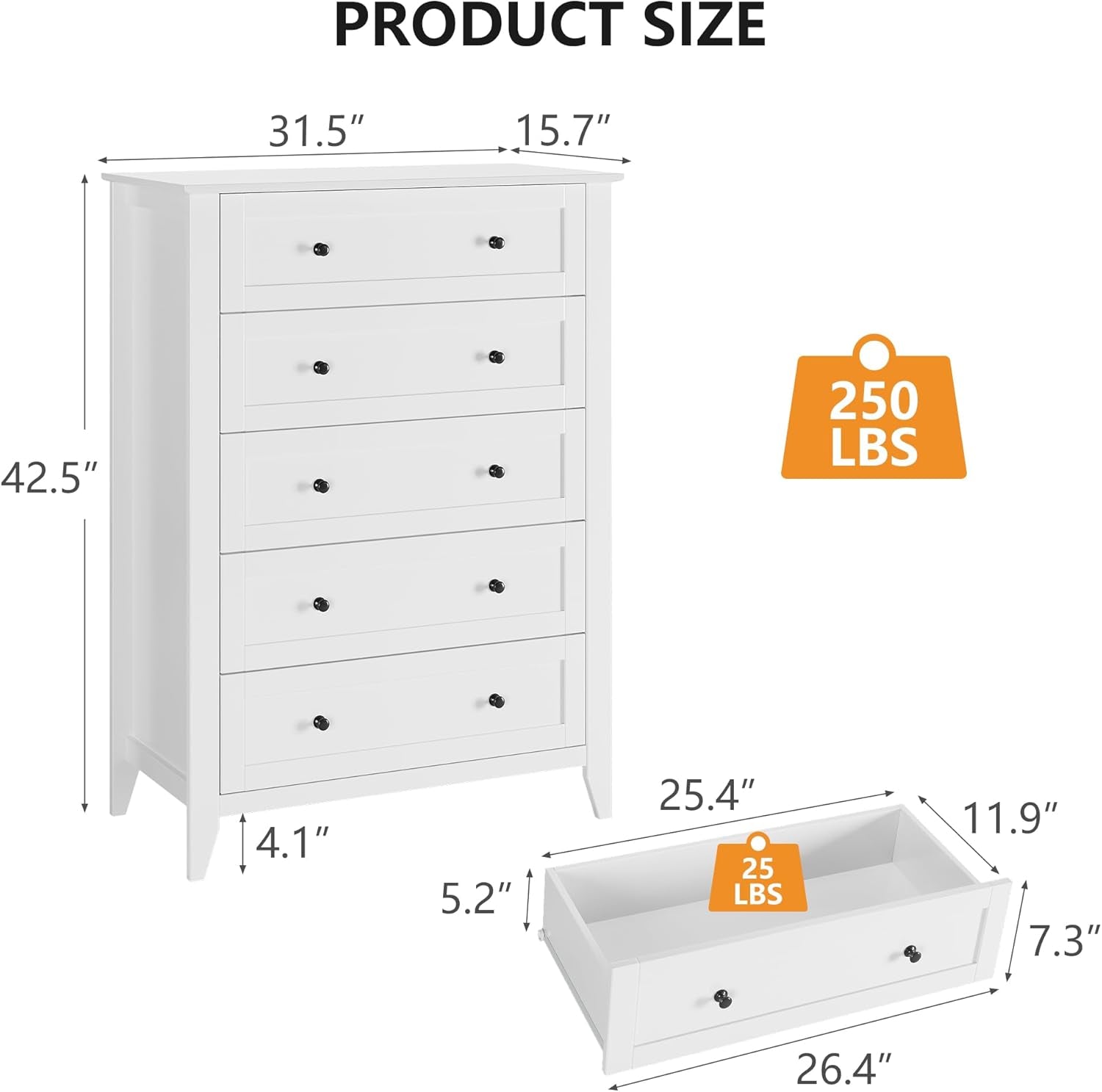 White 42 Inch Tall Dresser With Five Drawers For Bedroom Storage