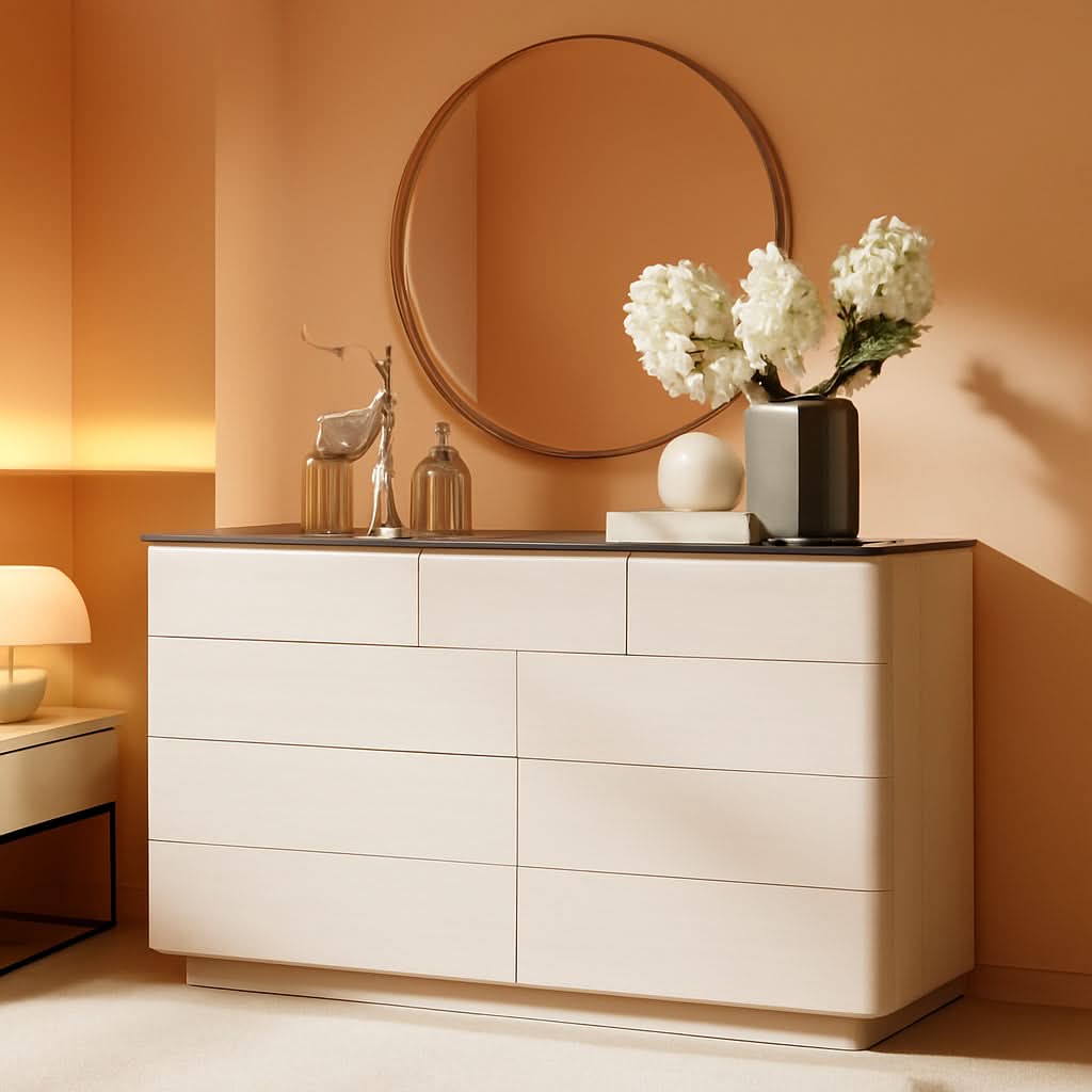 White 52 Inch Handleless Nine Drawer Dresser With Storage