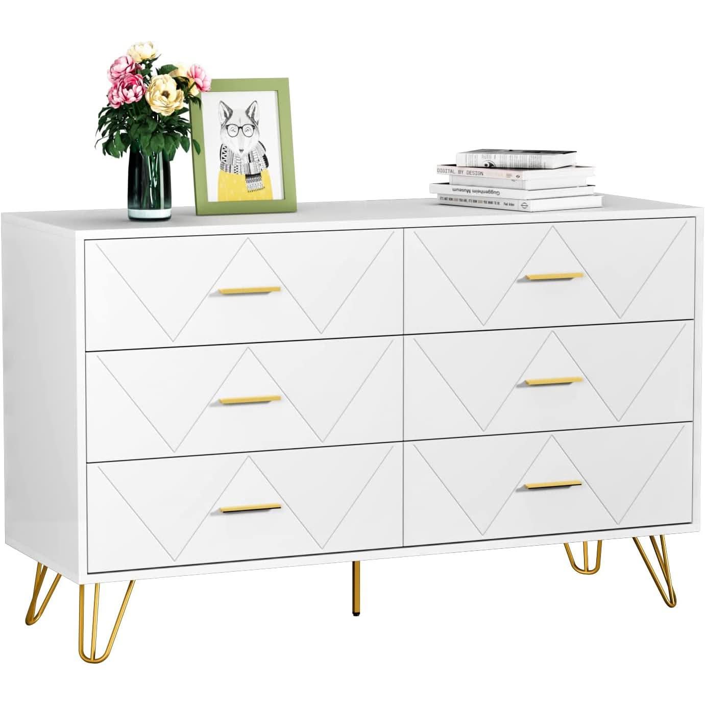 White 6 Drawer Dresser With Wide Drawers For Bedroom