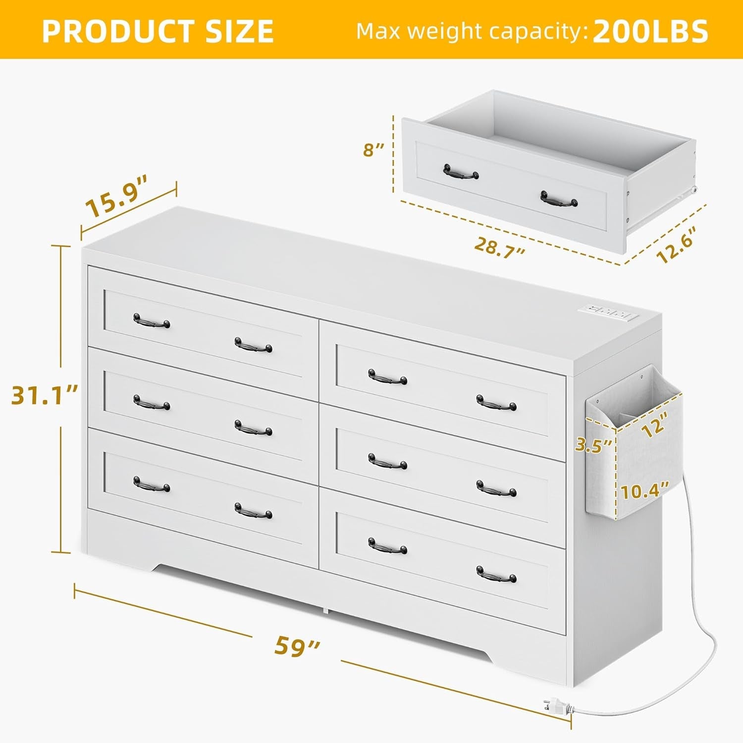 White 65 Inch TV Stand With Built In Outlets And 6 Drawers